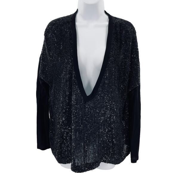 Robert Rodriguez Black Silk Sequin Deep V-Neck Elegant Dressy Oversized Top 12 - Picture 2 of 11